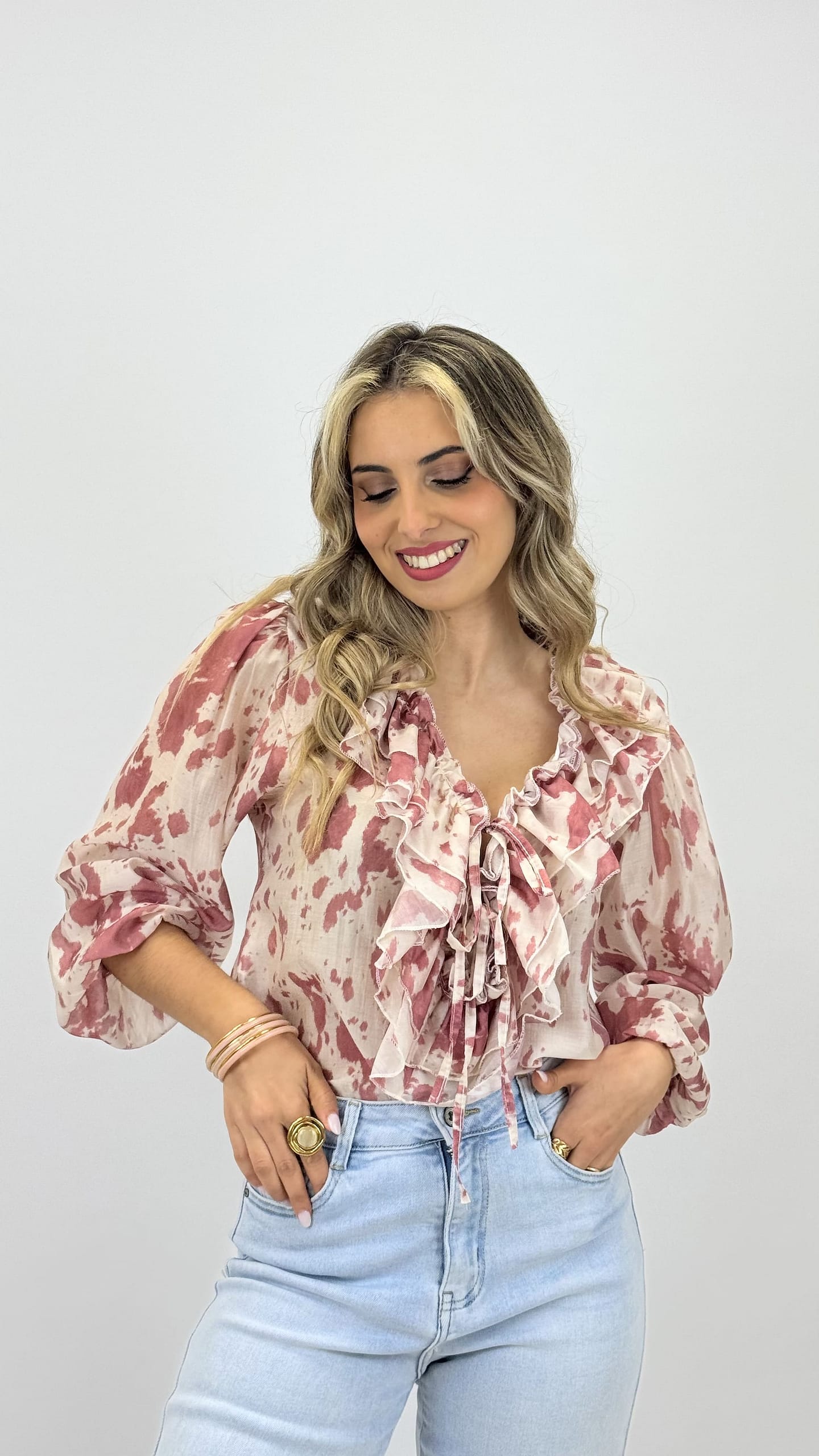 Blusa animal-print pérola e rosa