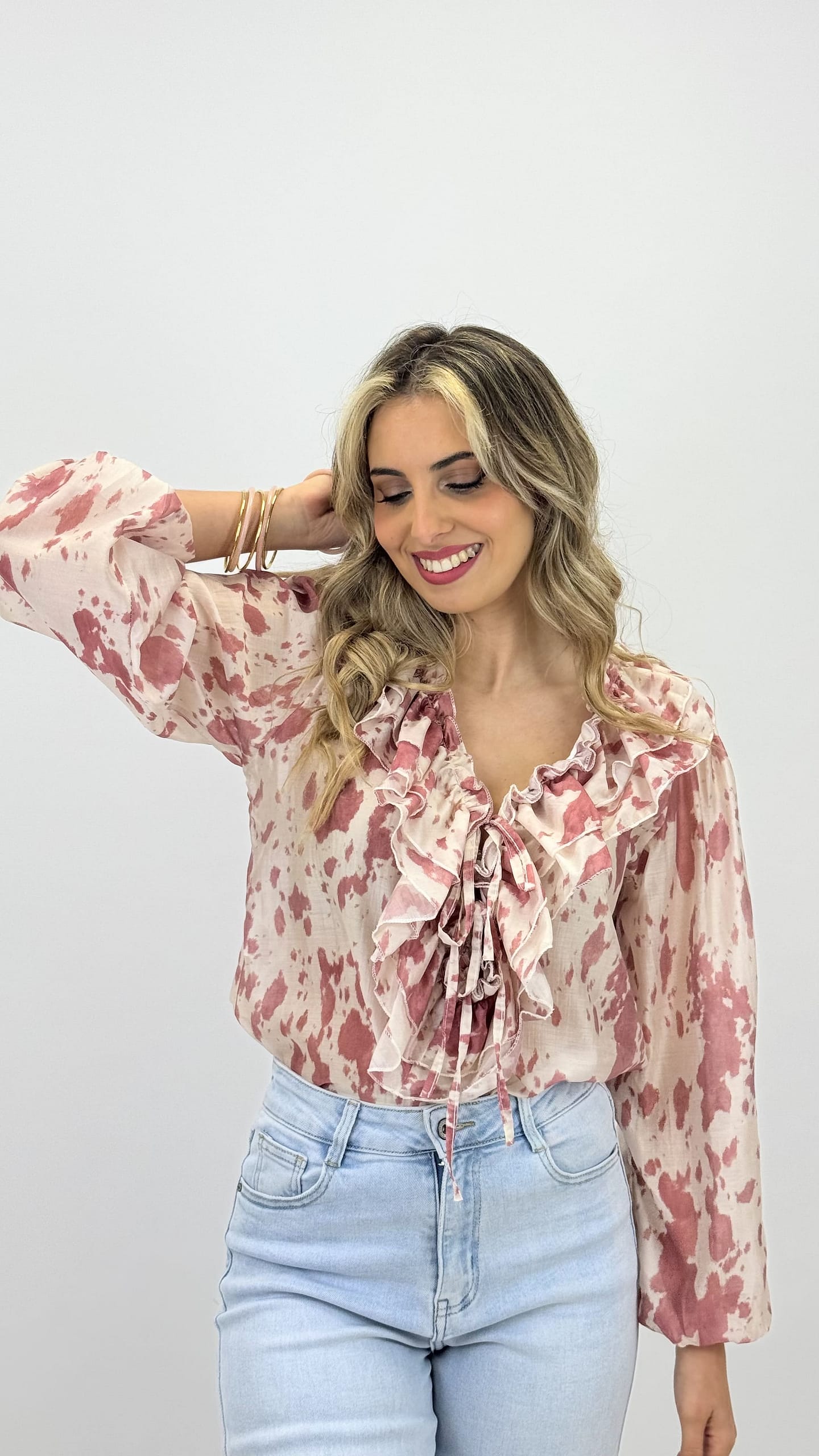 Blusa animal-print pérola e rosa