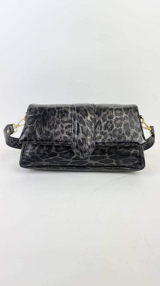 Carteira pele-genuína metalizada animal-print cinza