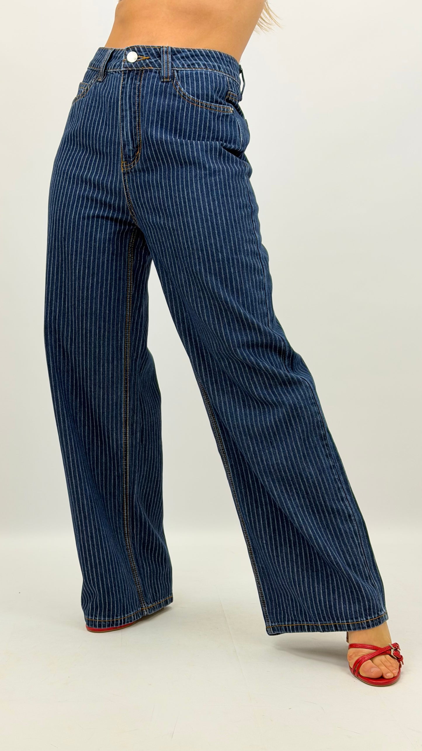 Calças wide-leg ganga com risquinha