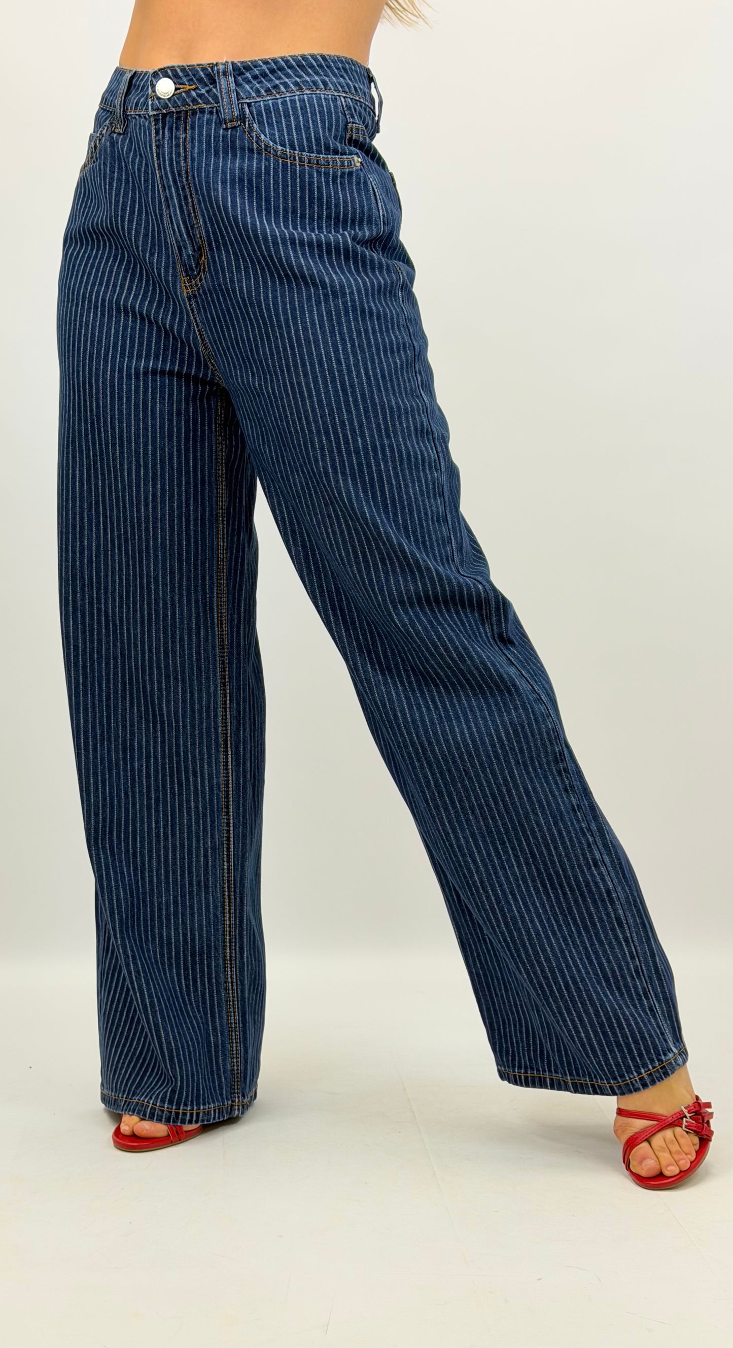 Calças wide-leg ganga com risquinha