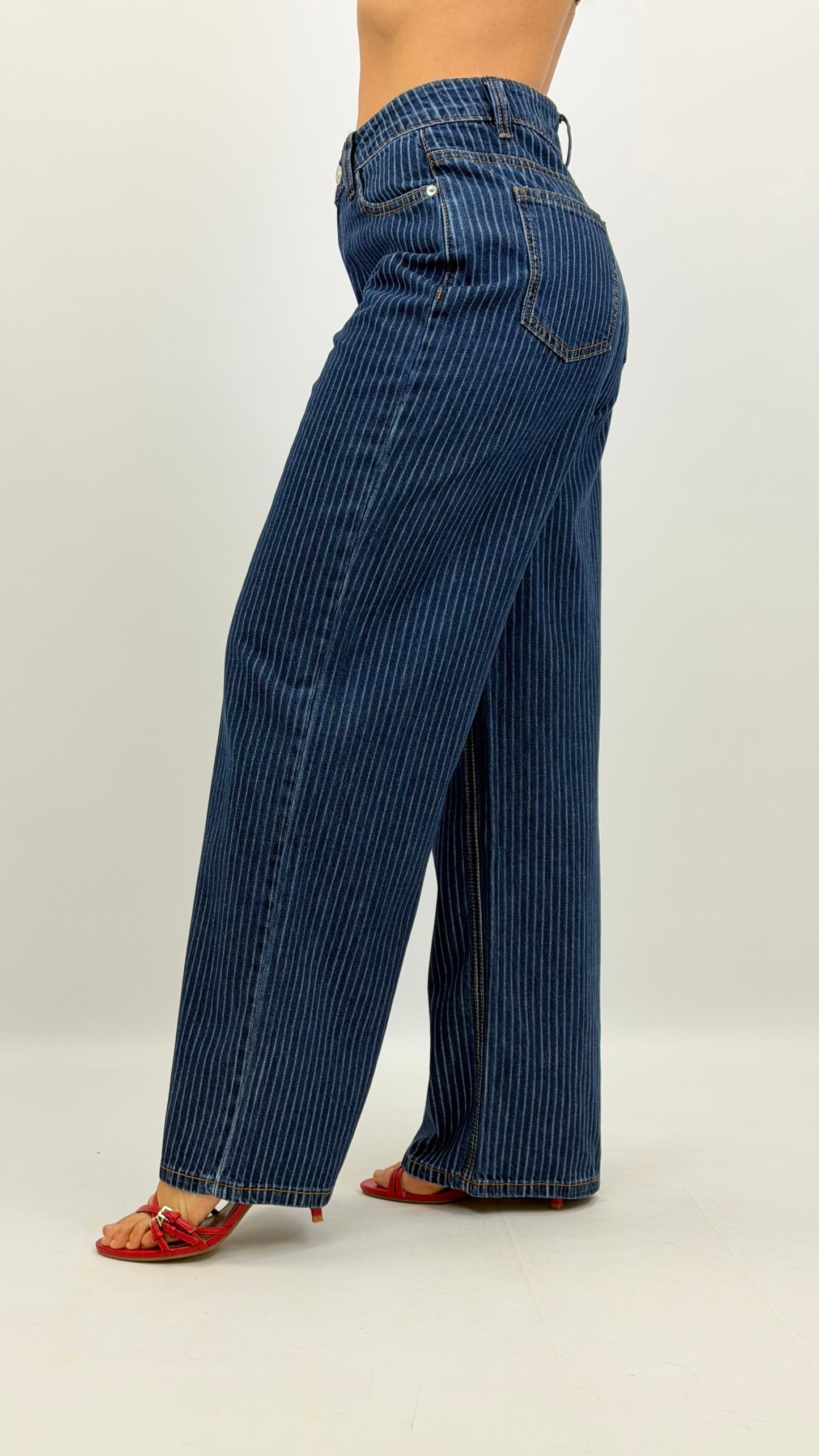 Calças wide-leg ganga com risquinha