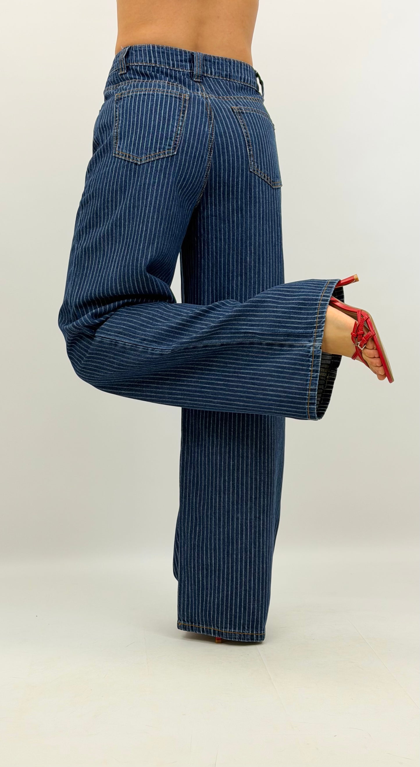 Calças wide-leg ganga com risquinha