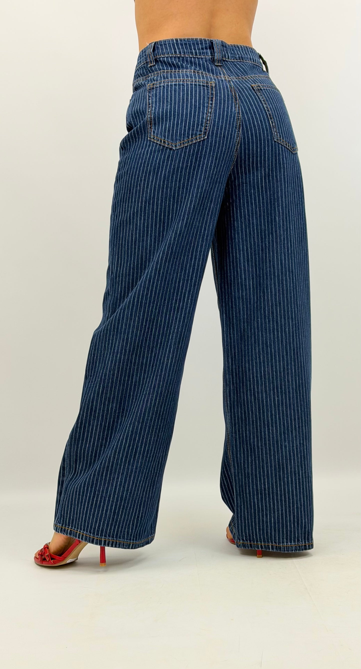 Calças wide-leg ganga com risquinha