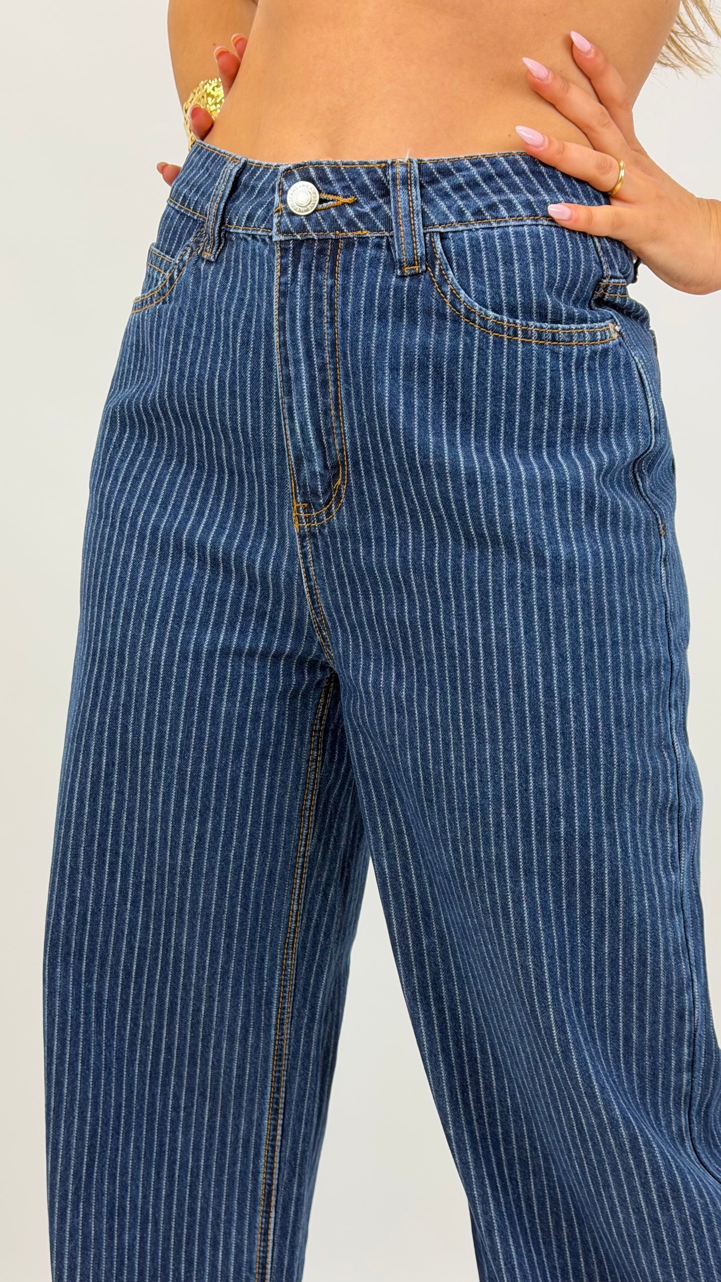 Calças wide-leg ganga com risquinha