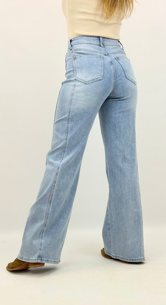 Calça ganga-clara wide-leg com dupla costura