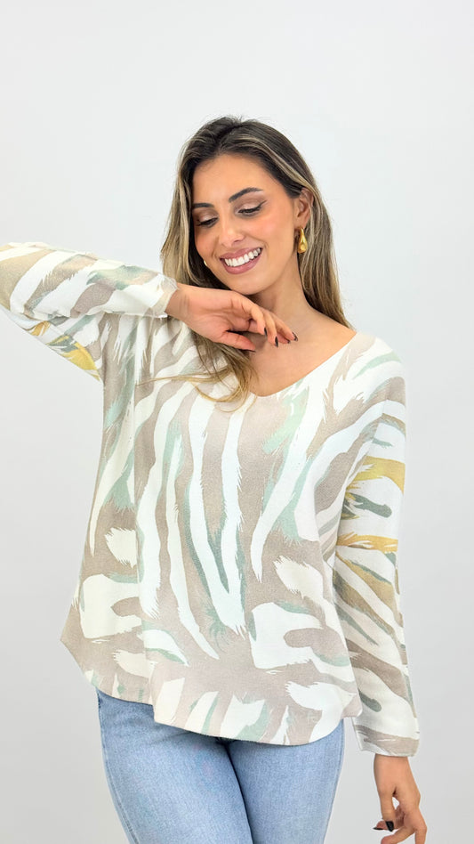 Camisola malha estampado zebra tons pérola, taupe e verde