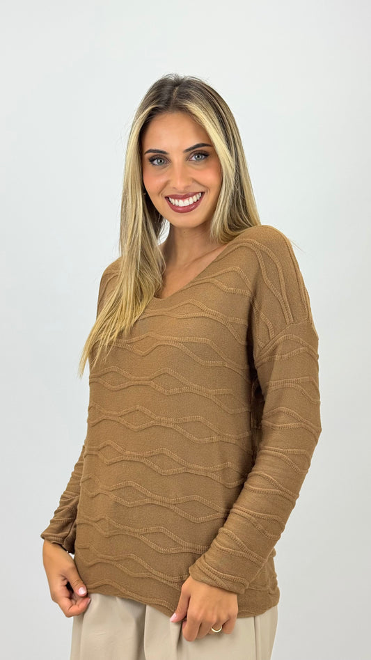 Camisola malha básica efeito ondinhas camel