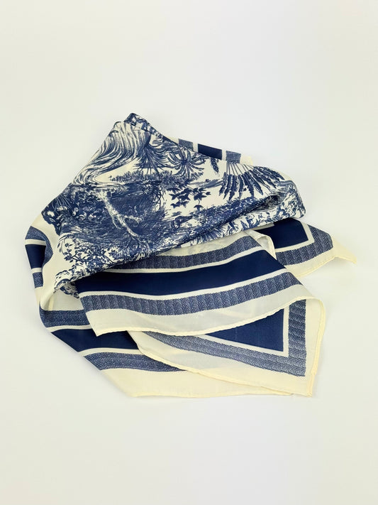 Lenço pequeno estampado toile-de-jouy azul-marinho
