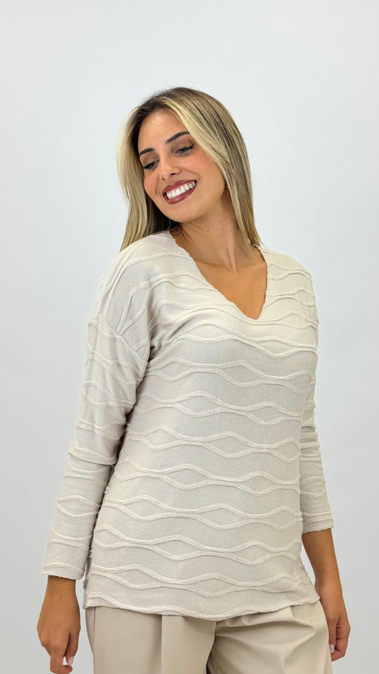 Camisola malha básica efeito ondinhas creme
