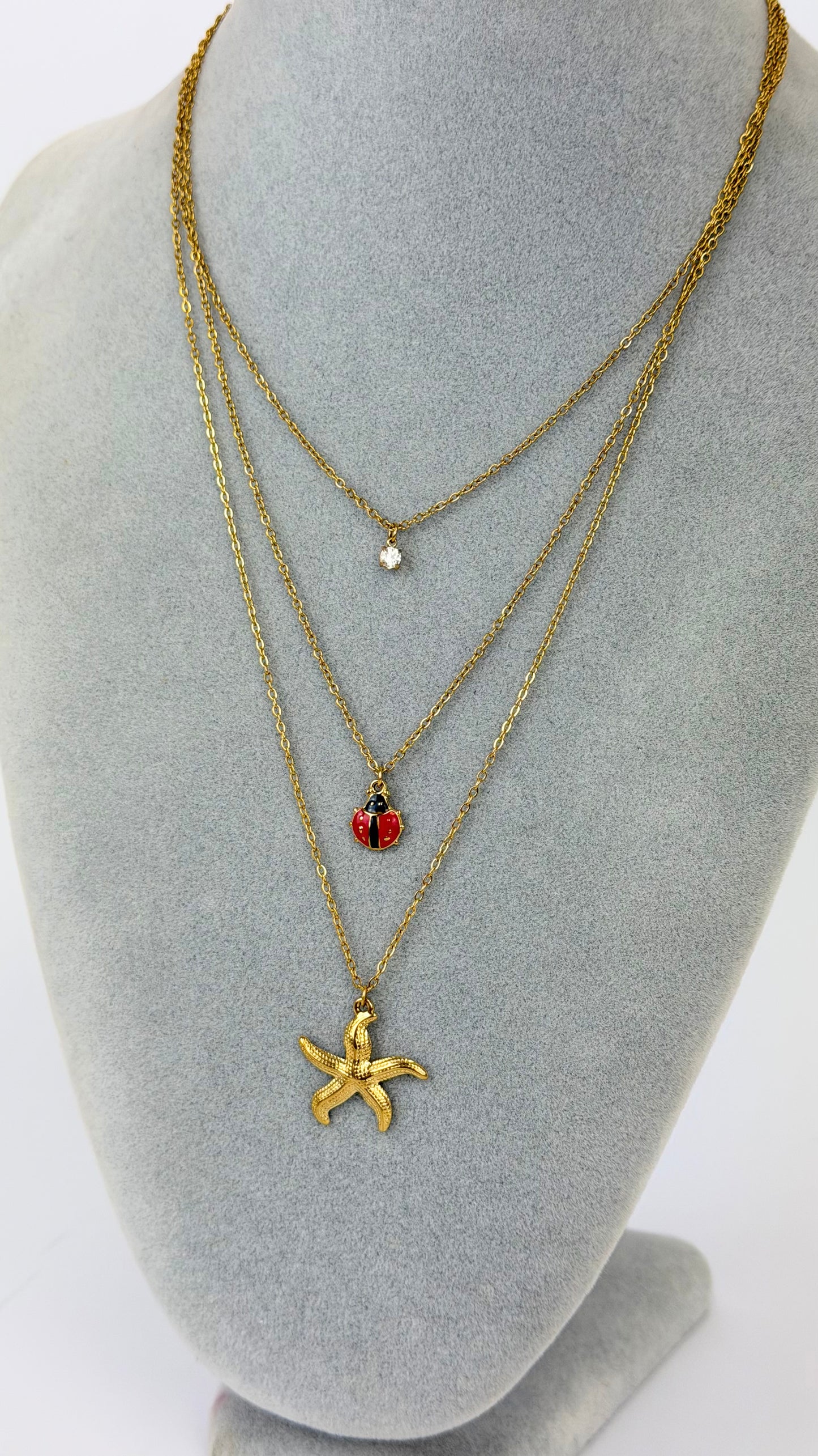 Colar 3 voltas aço com joaninha vermelha