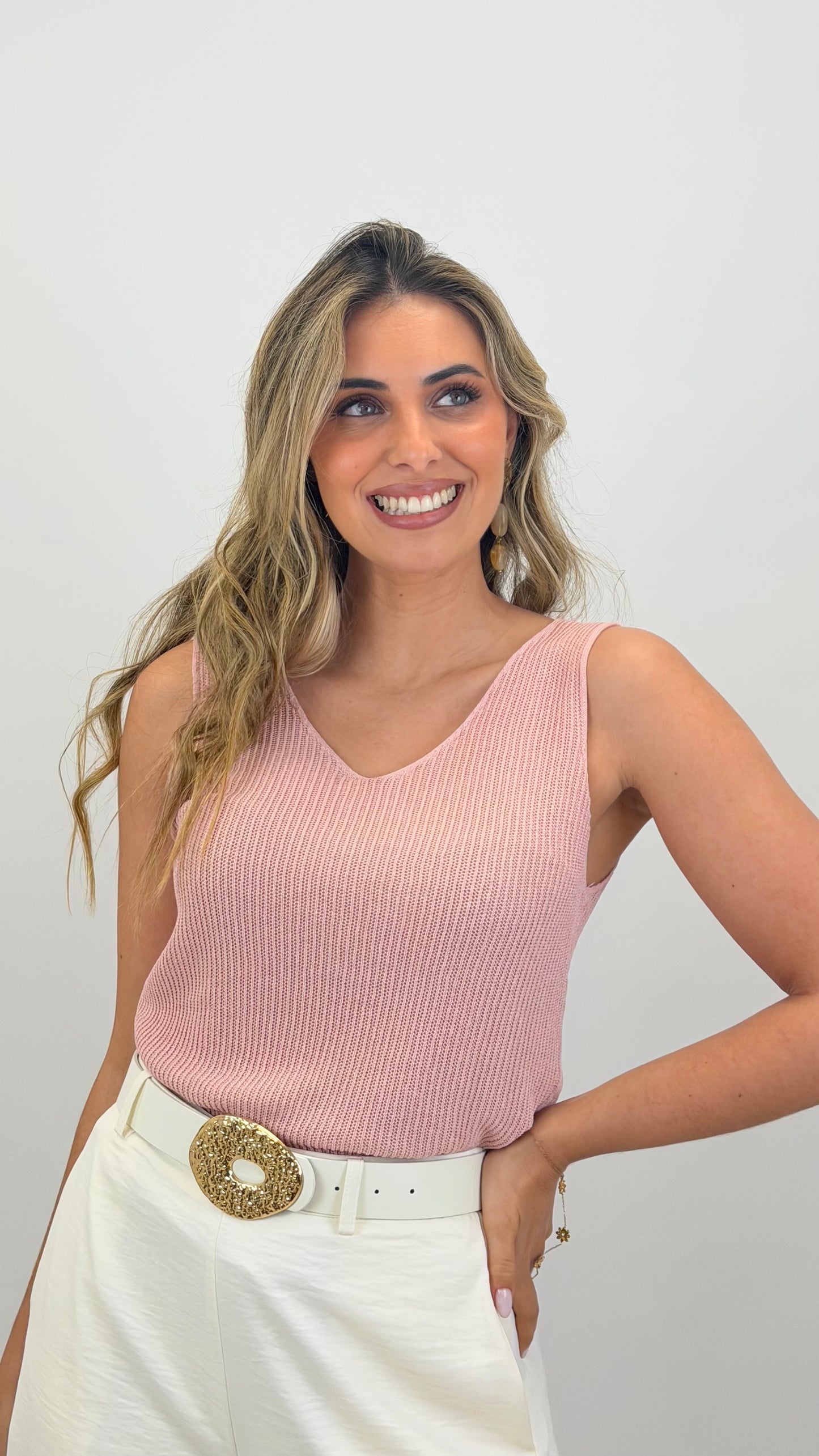 Top malha canelada rosa