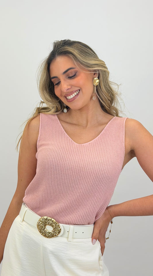 Top malha canelada rosa