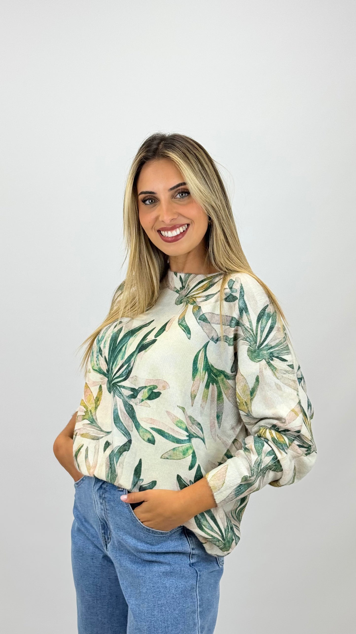 Camisola malha com estampado floral verde