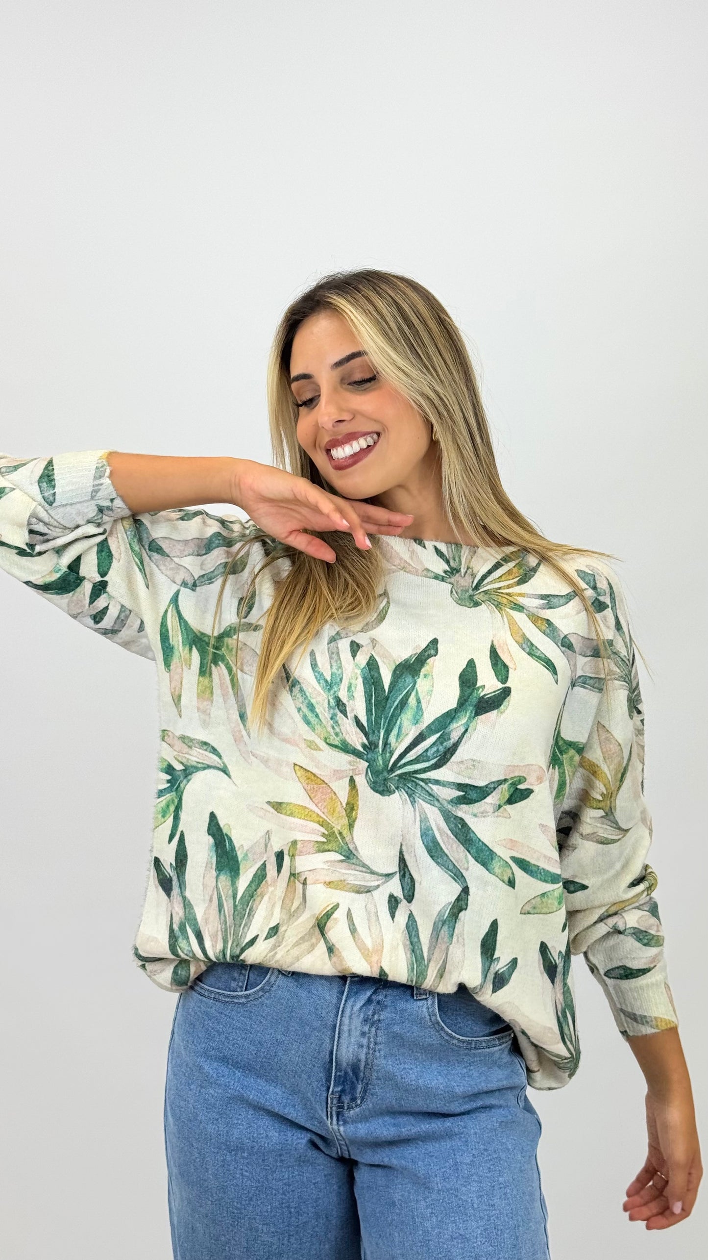 Camisola malha com estampado floral verde