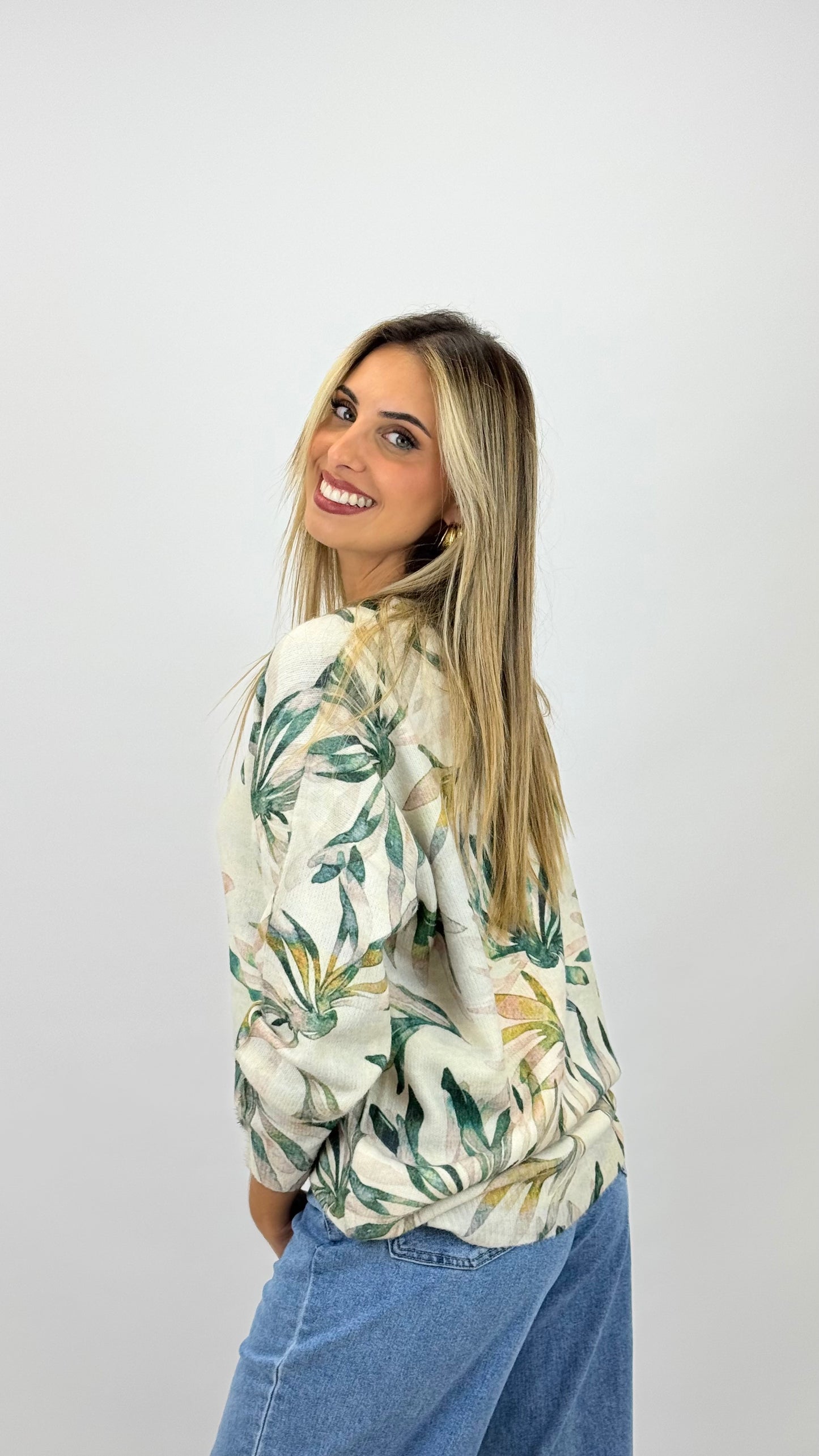 Camisola malha com estampado floral verde