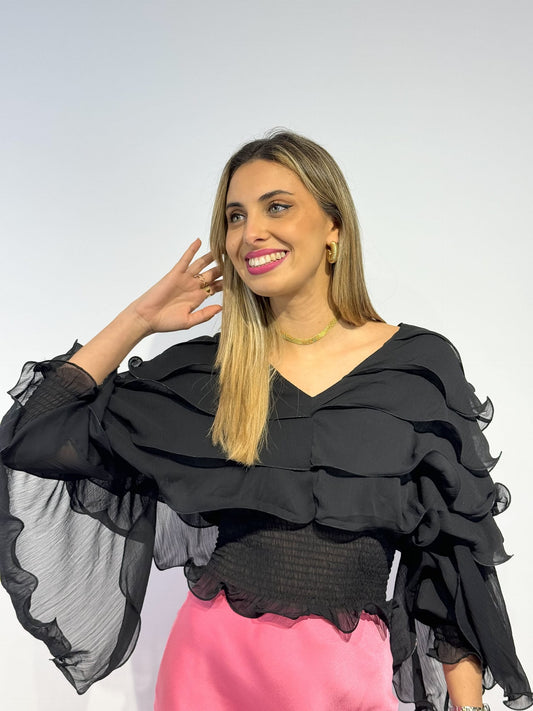 Blusa folhos preta