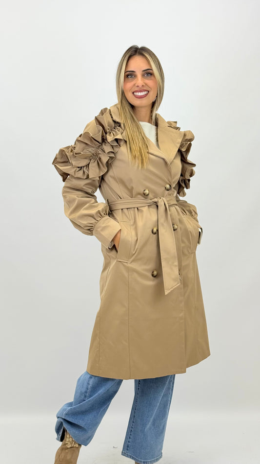 Parka comprida camel com folhos