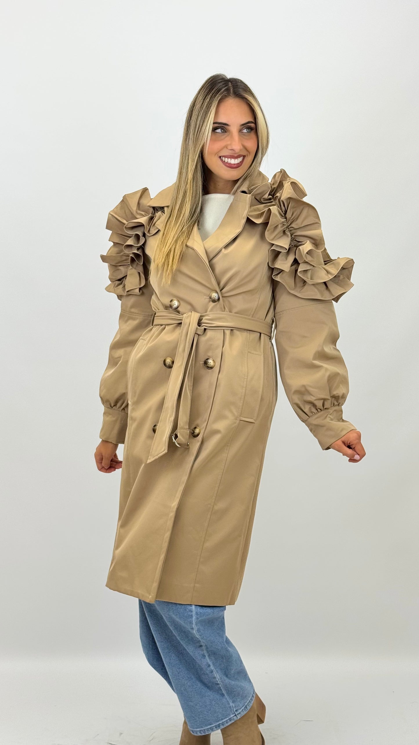 Parka comprida camel com folhos