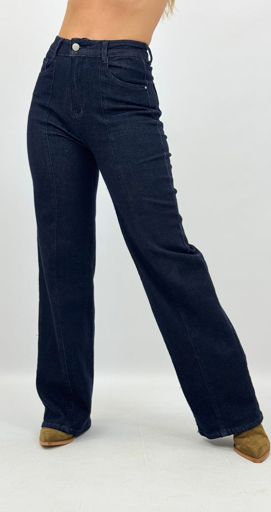 Calça straight ganga-escura com prega