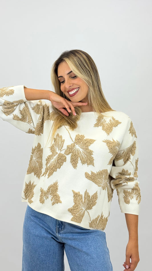 Camisola malha pérola com desenhos em relevo camel