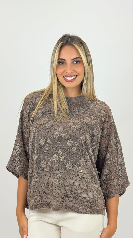 Camisola rendada castanho/taupe