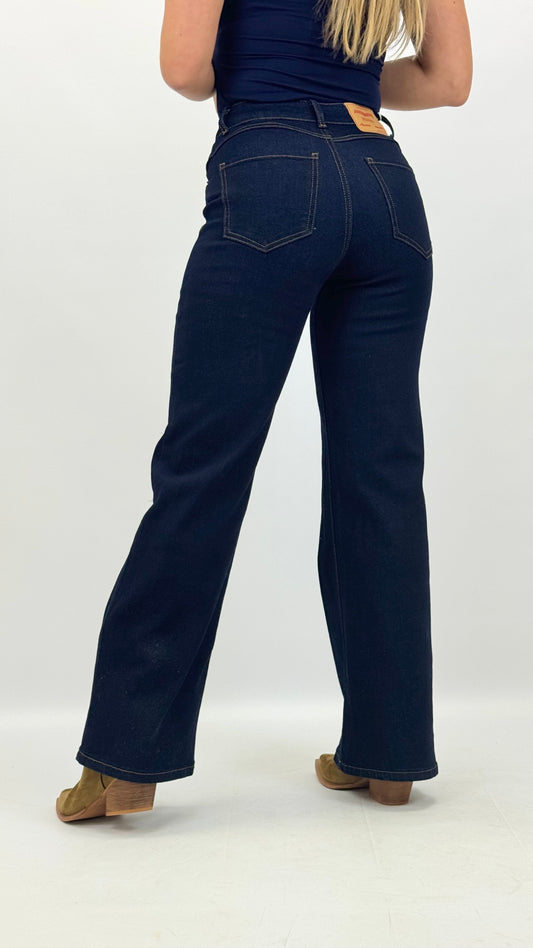 Calça wide-leg ganga-escura com pesponto camel