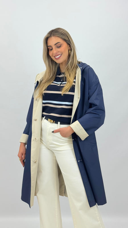 Parka comprida reversível bege e azul-marinho