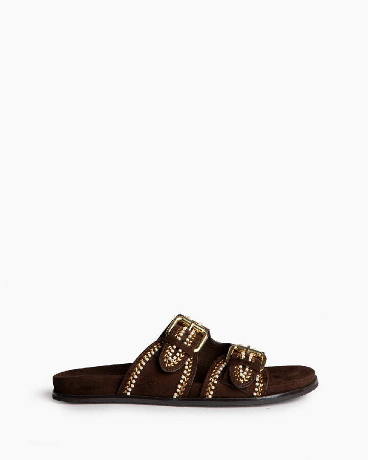 Sandália/chinelo com fivelas e missangas castanho