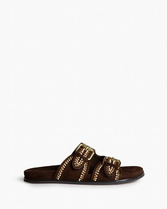 Sandália/chinelo com fivelas e missangas castanho