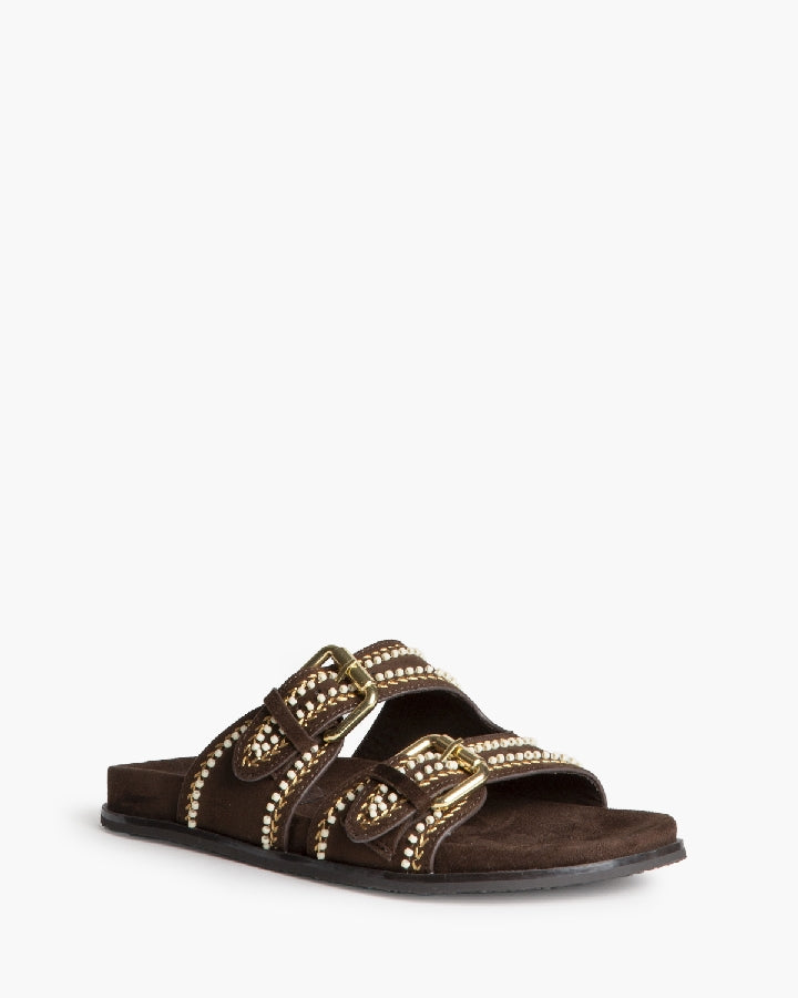 Sandália/chinelo com fivelas e missangas castanho