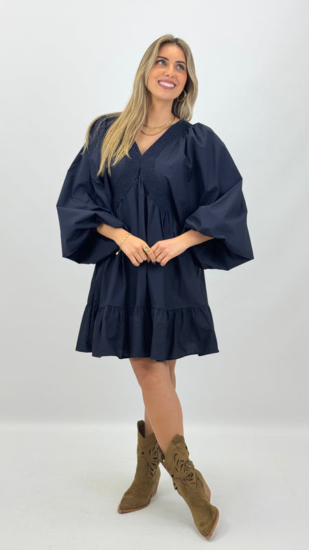 Vestido curto popeline algodão azul-marinho