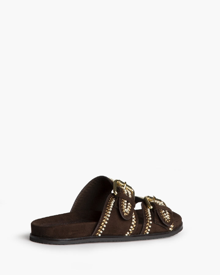 Sandália/chinelo com fivelas e missangas castanho