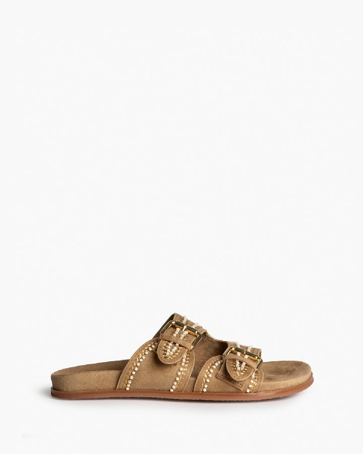 Sandália/chinelo com fivelas e missangas bege