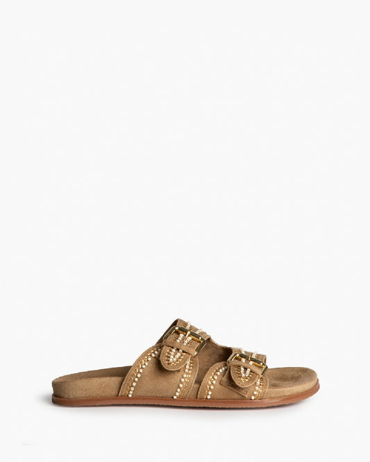 Sandália/chinelo com fivelas e missangas bege