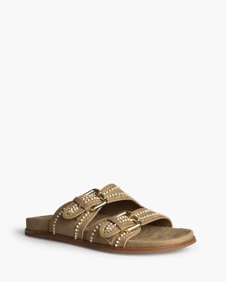 Sandália/chinelo com fivelas e missangas bege