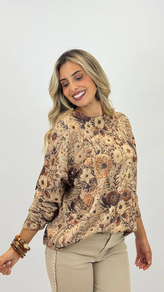 Camisola malha estampado floral tons castanho