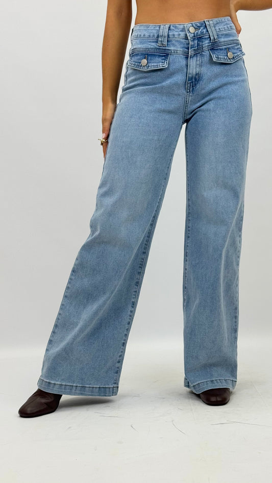 Calças ganga-clara wide-leg com bolsos na frente