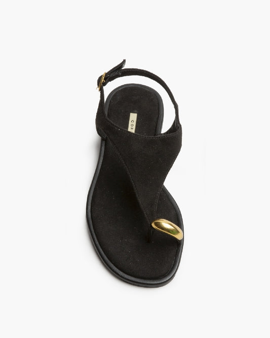 Sandália rasa estilo camurça preto com detalhe dourado