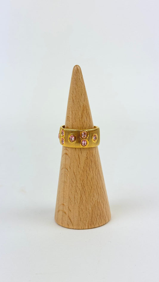 Anel aço dourado ajustável com brilhantes rosa