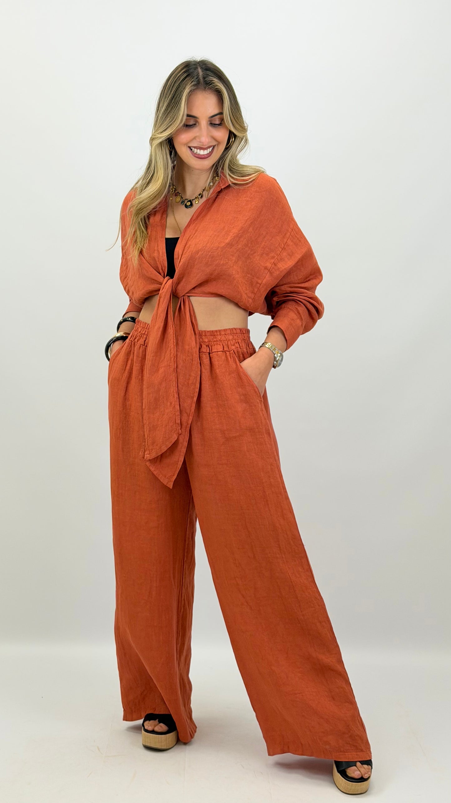 Calça linho terracotta