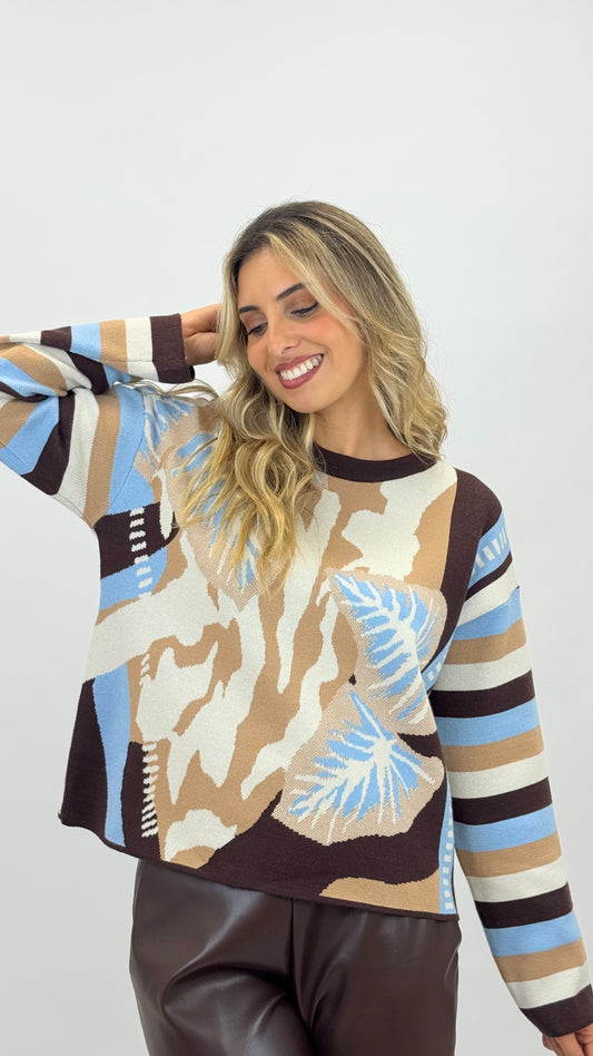 Camisola malha estampado azul, bege e castanho