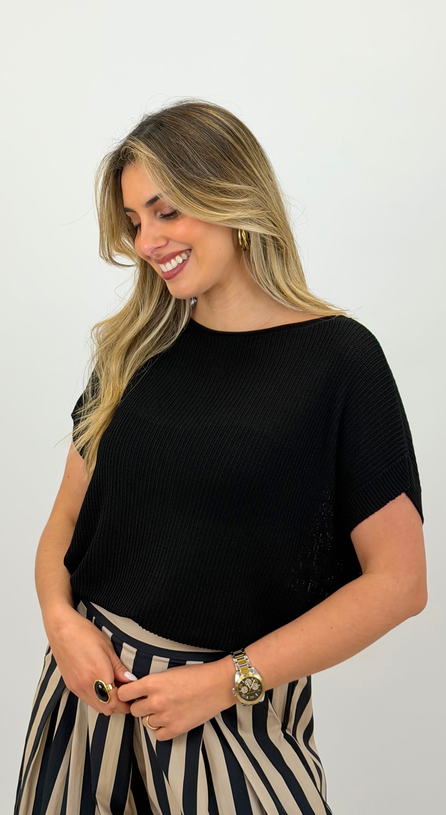 Camisola/t-shirt malha canelada preta