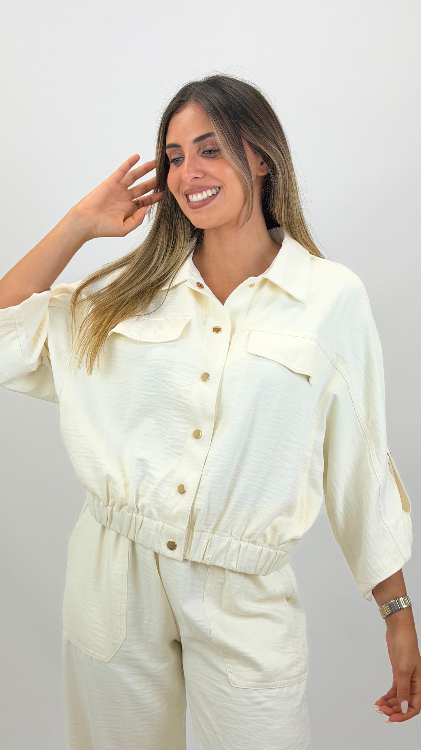 Conjunto bomber e calça com elástico pérola