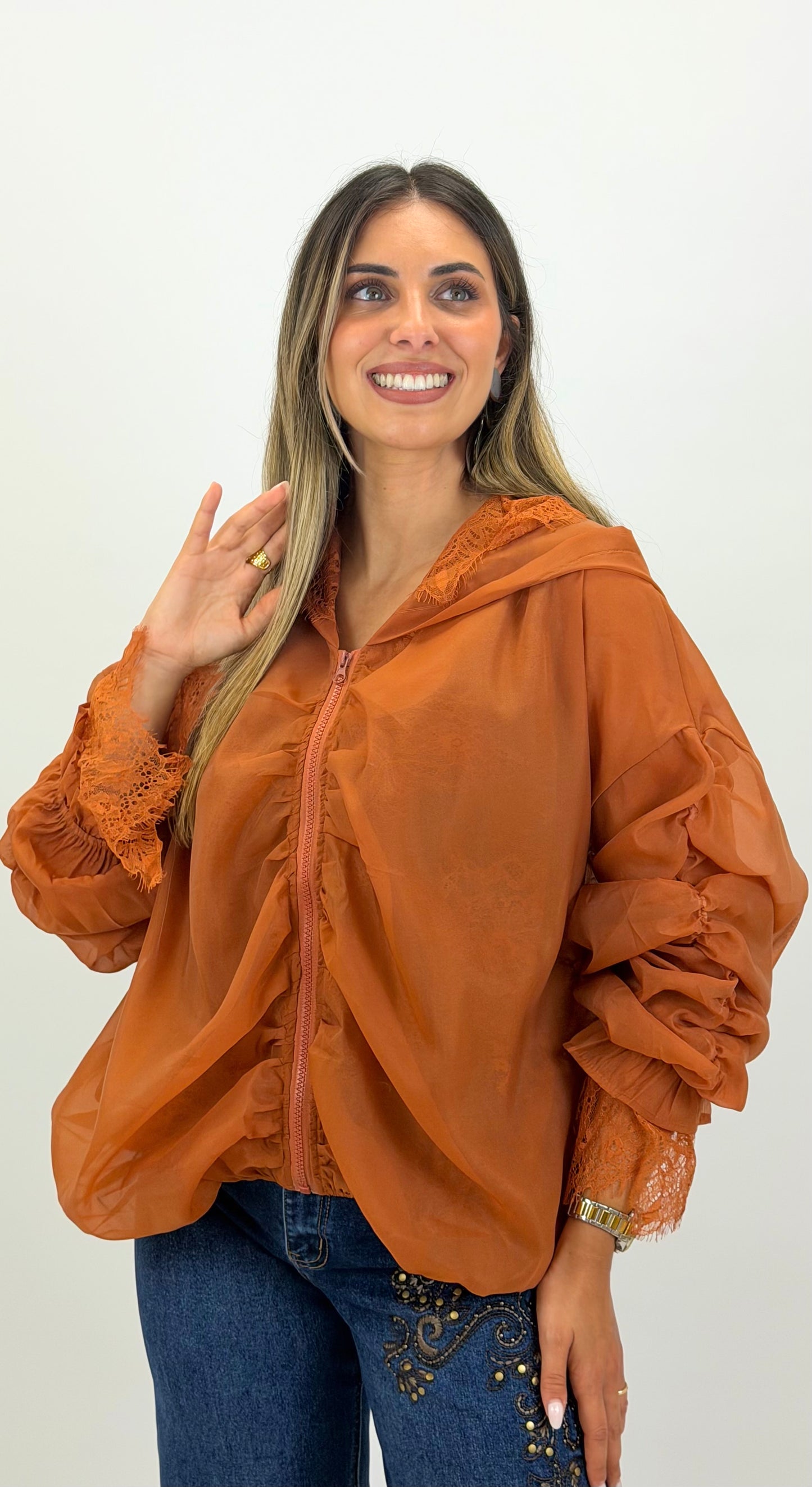 Casaco fino telha com renda