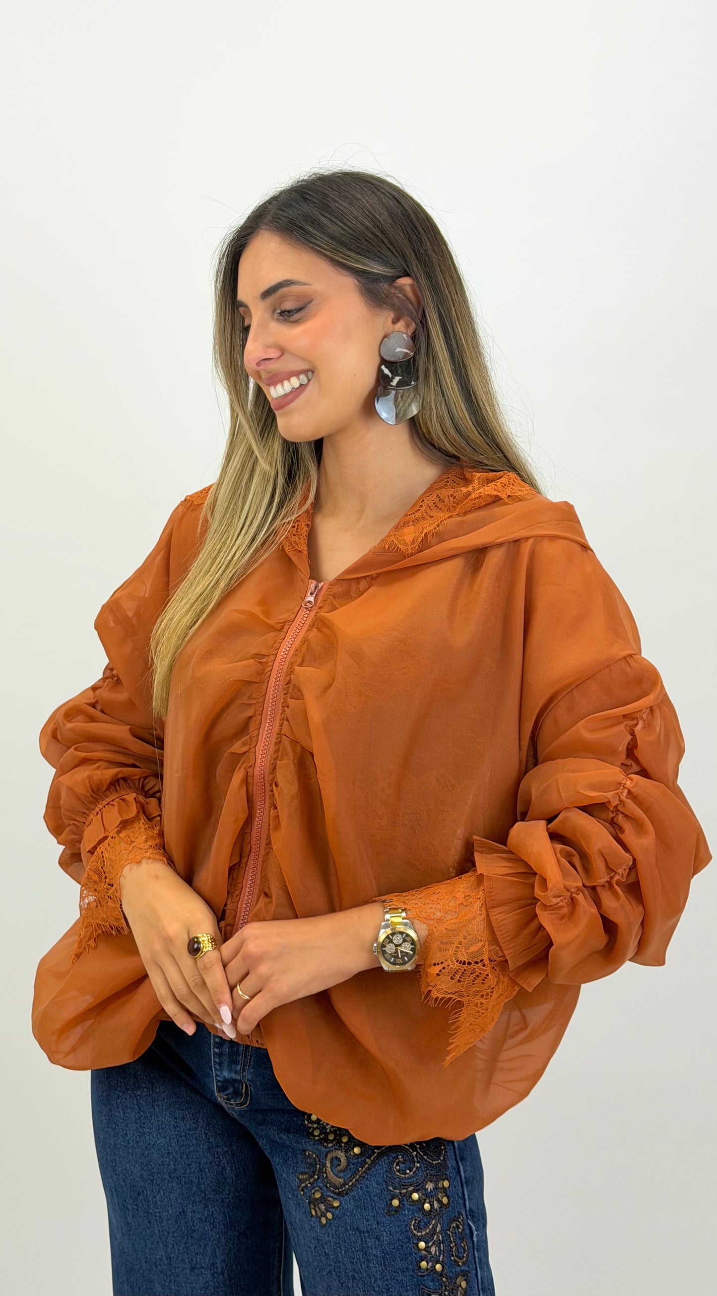 Casaco fino telha com renda
