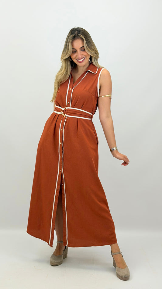 Vestido midi cavado terracotta com debrum perola