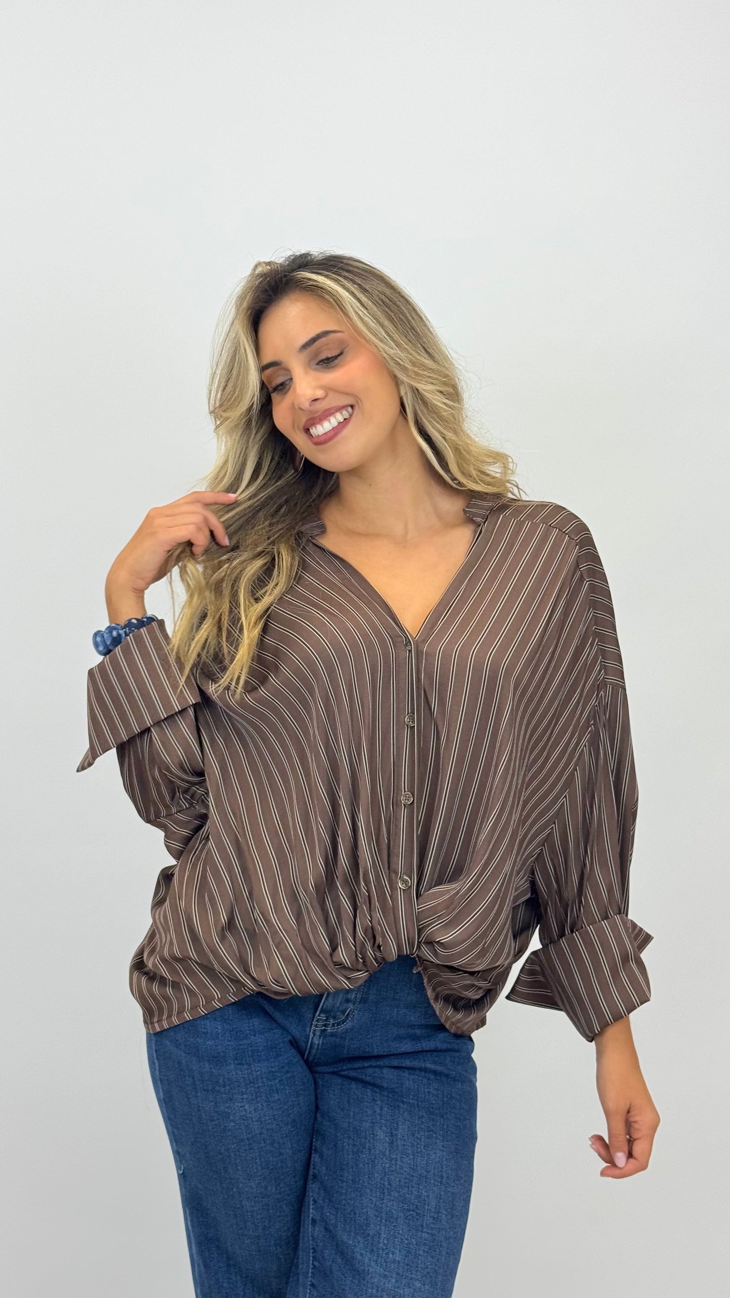 Blusa risquinhas castanho-chocolate
