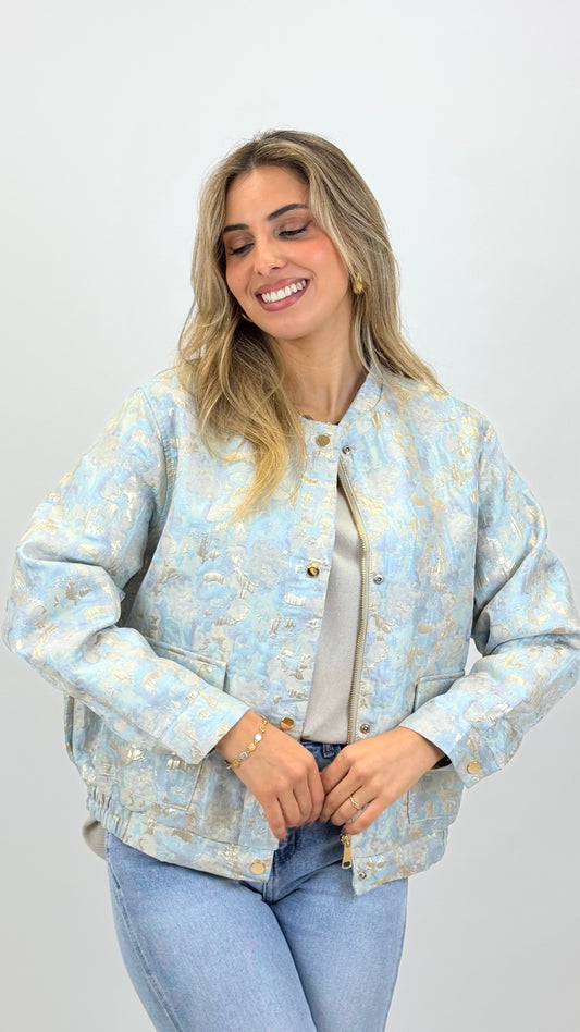 Bomber estampado mesclado azul e metalizado