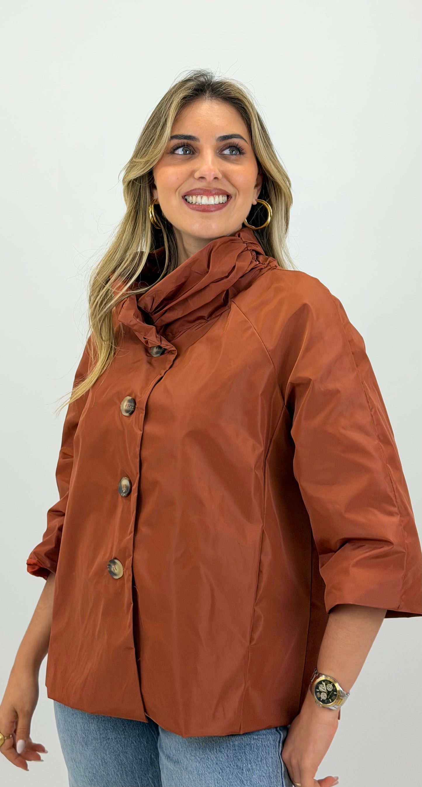 Parka manga 3/4 com botões telha